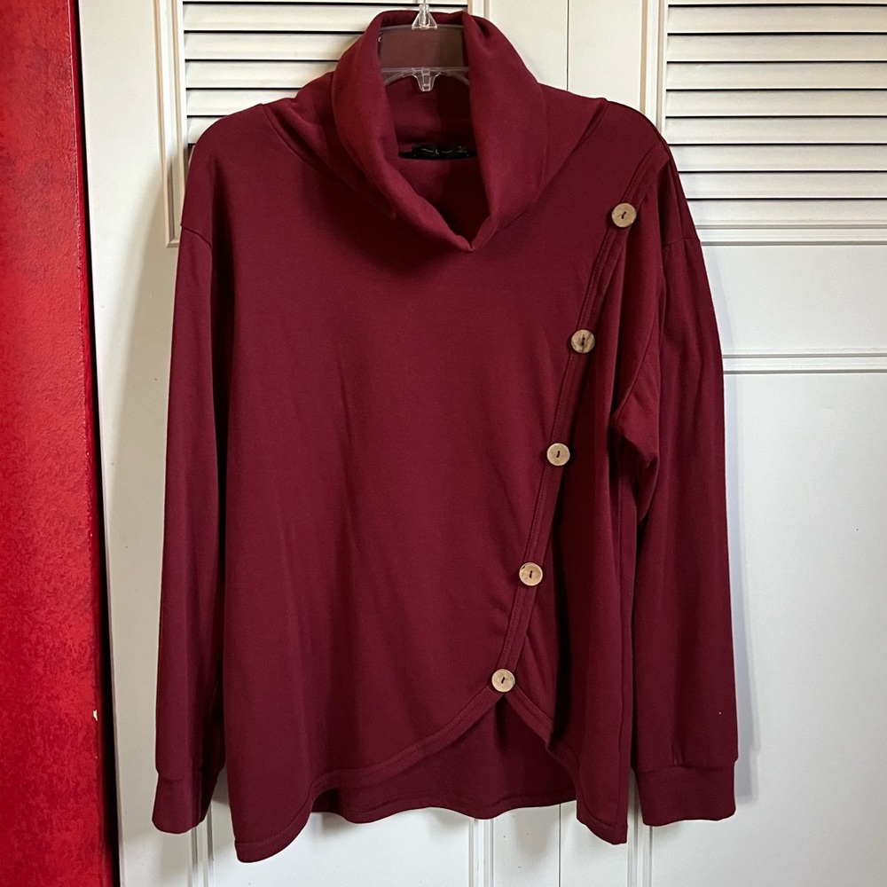 Boutique Maroon Cowl Neck Knit Top with Buttons Sz L